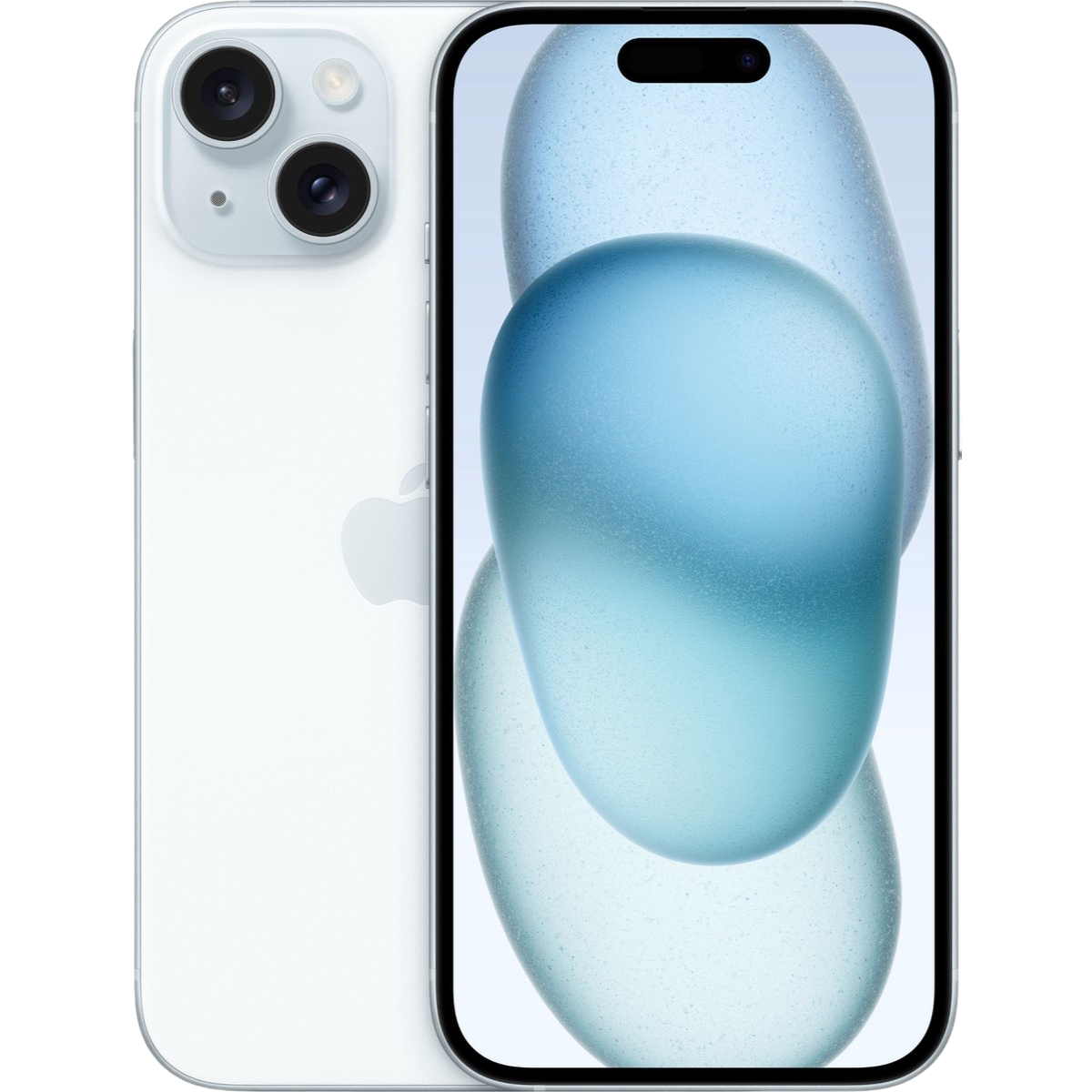 Blue iPhone 15 back and front primary view