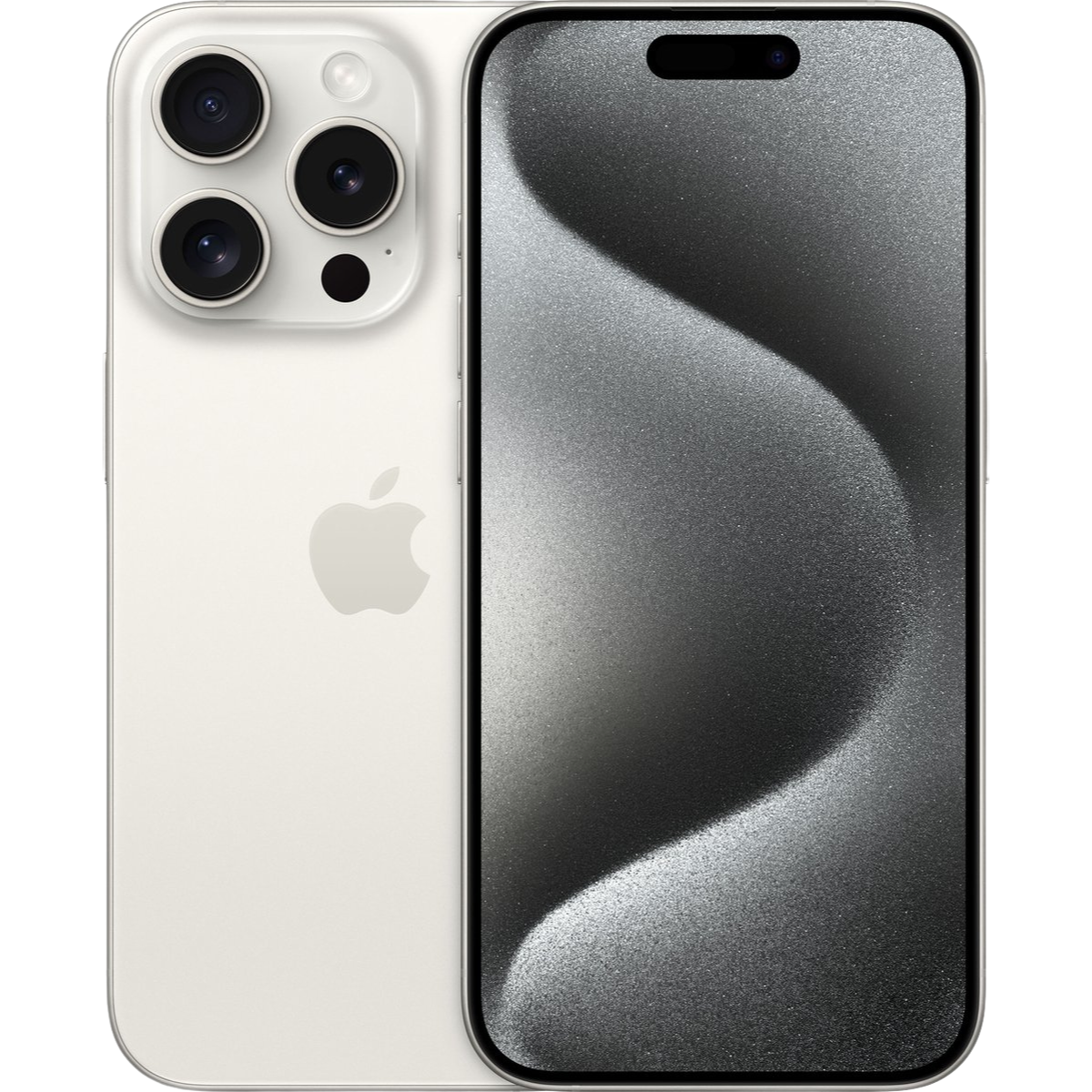 close-up of white Titanium iPhone 15 pro max front and back view