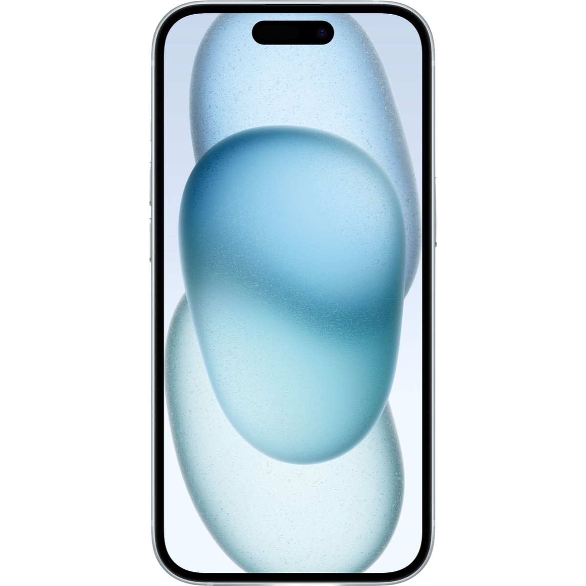 iPhone 15 with a blue and white abstract design on the screen
