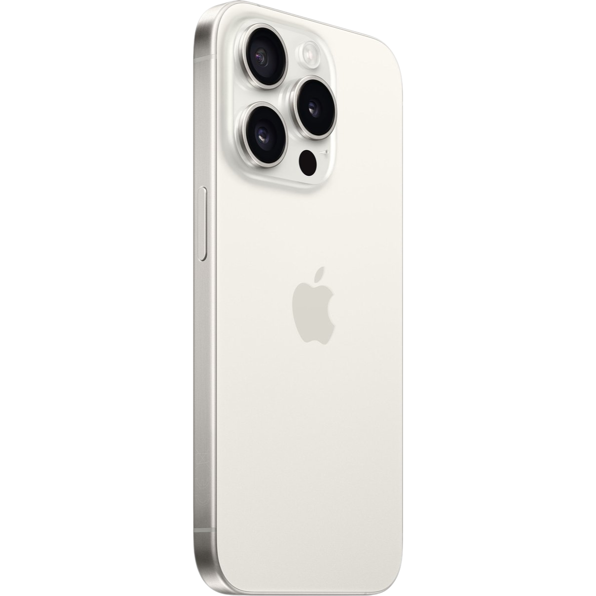 close-up of white Titanium iPhone 15 pro max side and back view