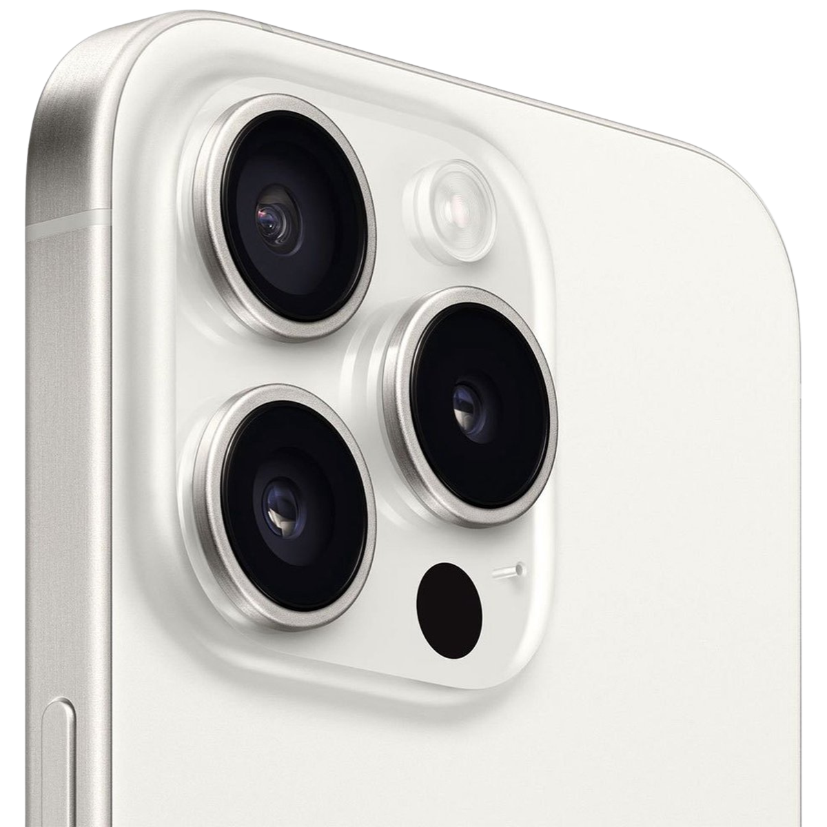close-up of White Titanium iPhone 15 pro max camera view