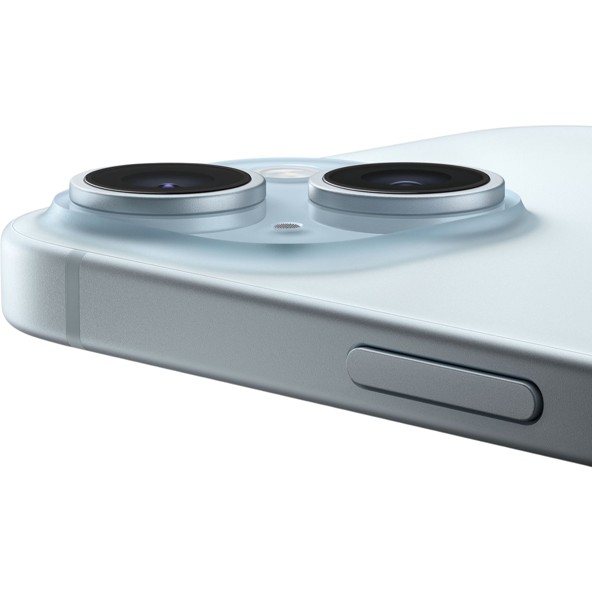 Close-up of a blue iphone15  camera module from side angle