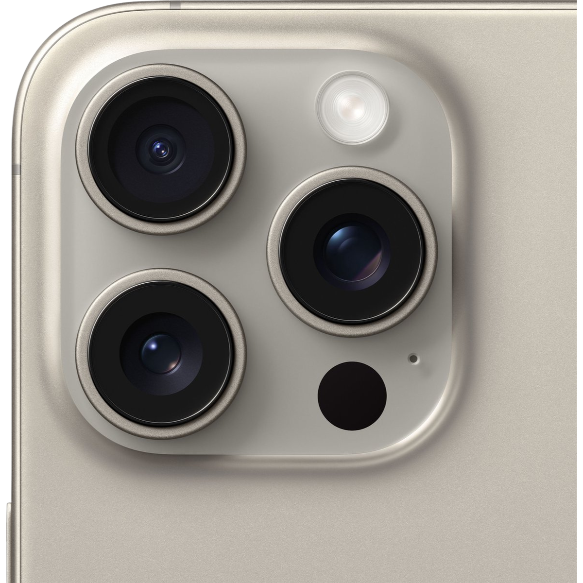 Natural Titanium iPhone 15 pro camera close-up view
