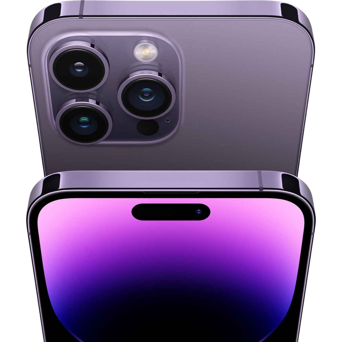 Purple iphone 14 pro with purple reflective screen and camera setup on a white background