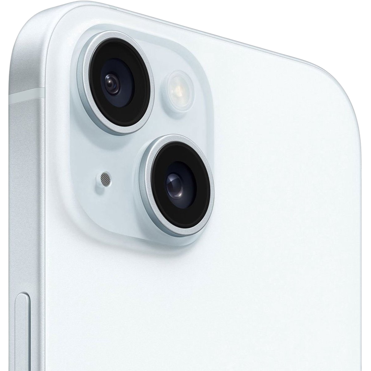 Close-up of iphone 15 camera module on a white background