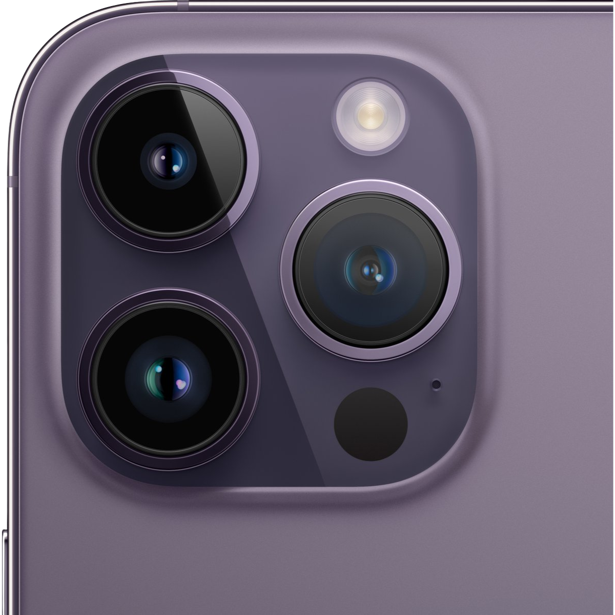 Close-up of a purple iphone 14 pro camera module with multiple lenses on a purple device.